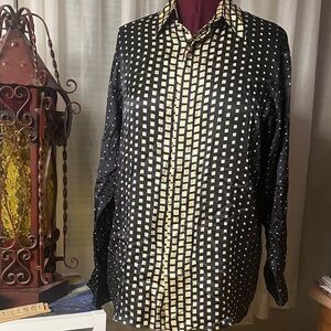 GENELLI SILK BLACK/GOLD GEOMETRIC LS BUTTON DOWN SHIRT Large